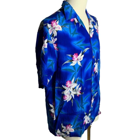 Vintage 90s Two Palms Hawaiian Camp Shirt M Blue Floral Button Up Short Sleeve - Picture 5 of 6